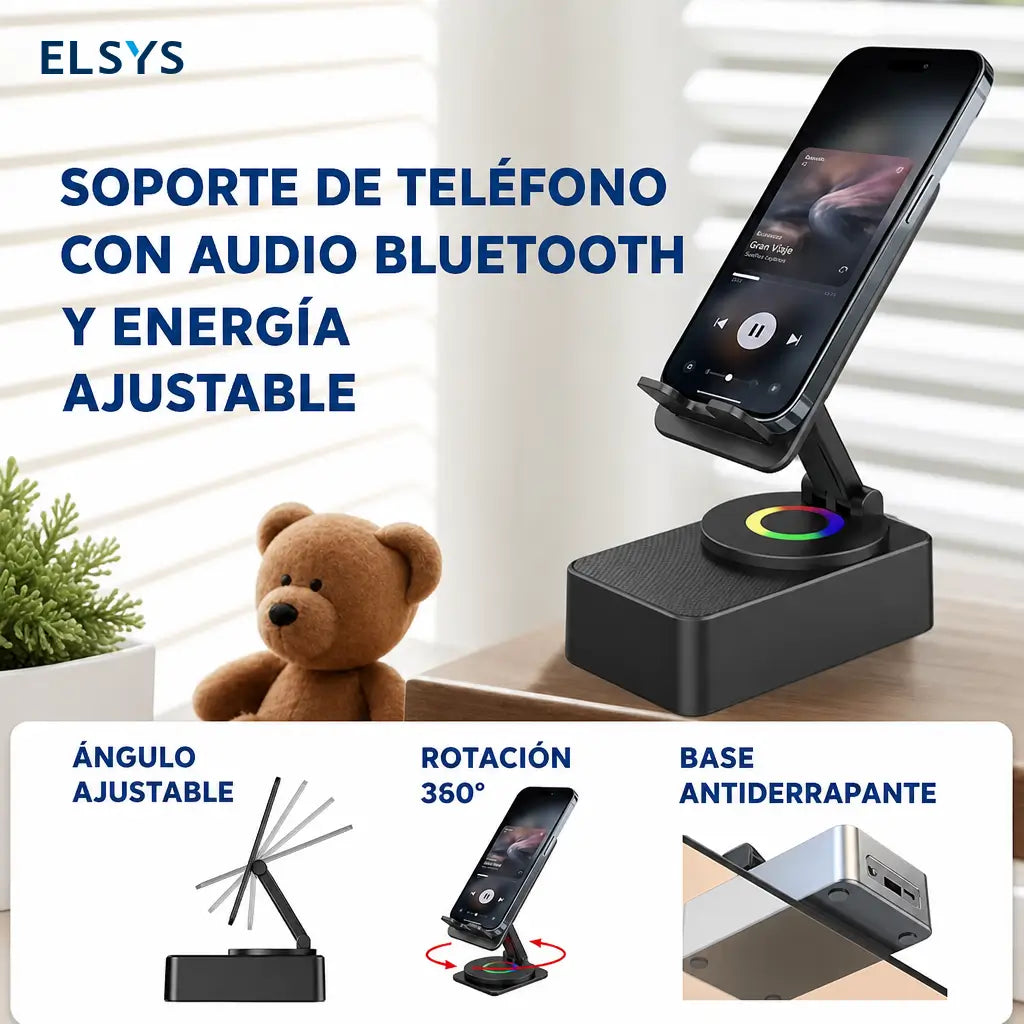 Bocina Bluetooth portátil con base plegable, carga de emergencia y soporte 360° para ver series, escuchar música y hacer videollamadas