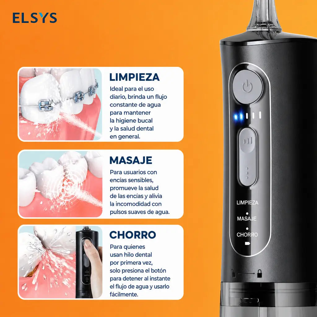 Irrigador dental recargable IPX7 con puntas 360°, batería de 40 días y depósito amplio para higiene oral completa diaria en casa y viaje