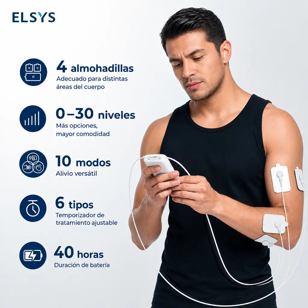 Masajeador muscular TENS/EMS recargable con 10 modos, 30 intensidades y 4 parches para aliviar tensión diaria en cuello, espalda y piernas