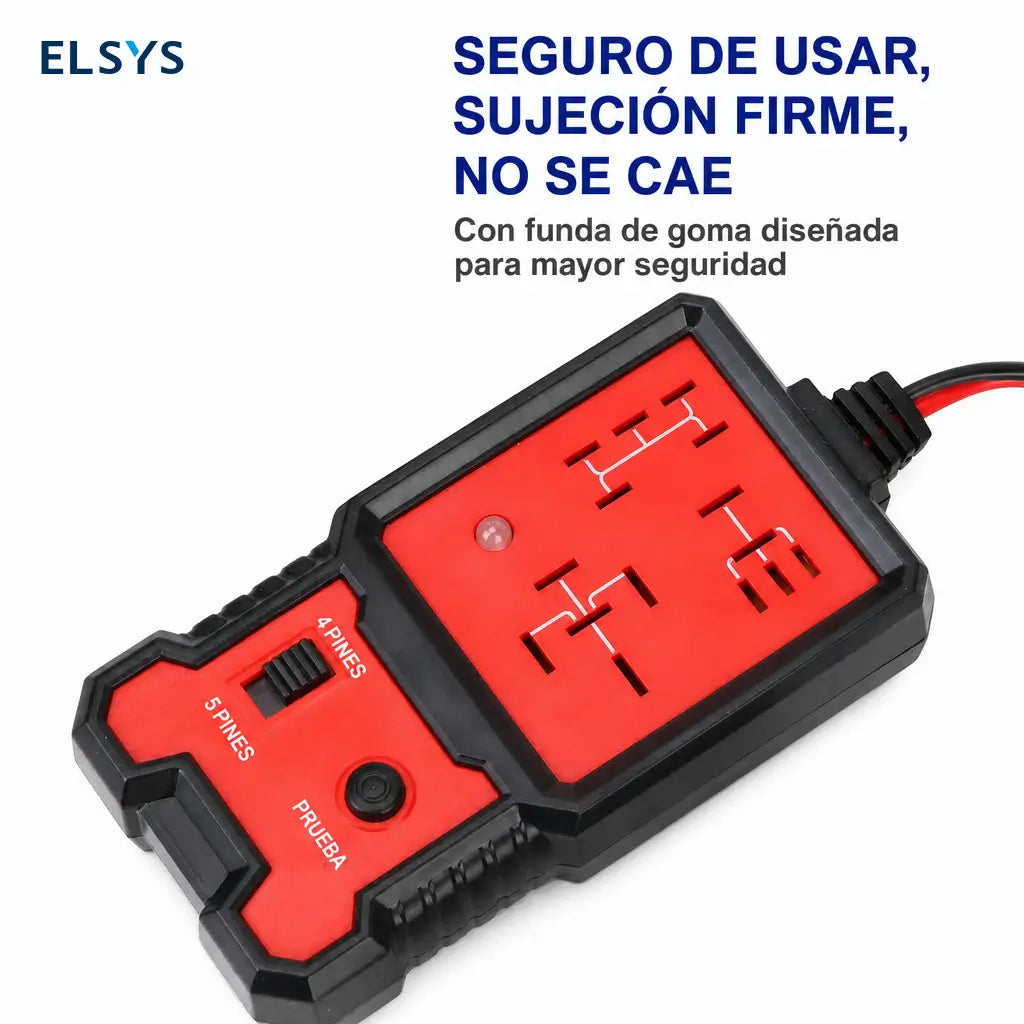 Probador automotriz de relevadores 12V con indicador LED rojo y verde para diagnóstico rápido en autos, talleres y revisión de 4 y 5 pines