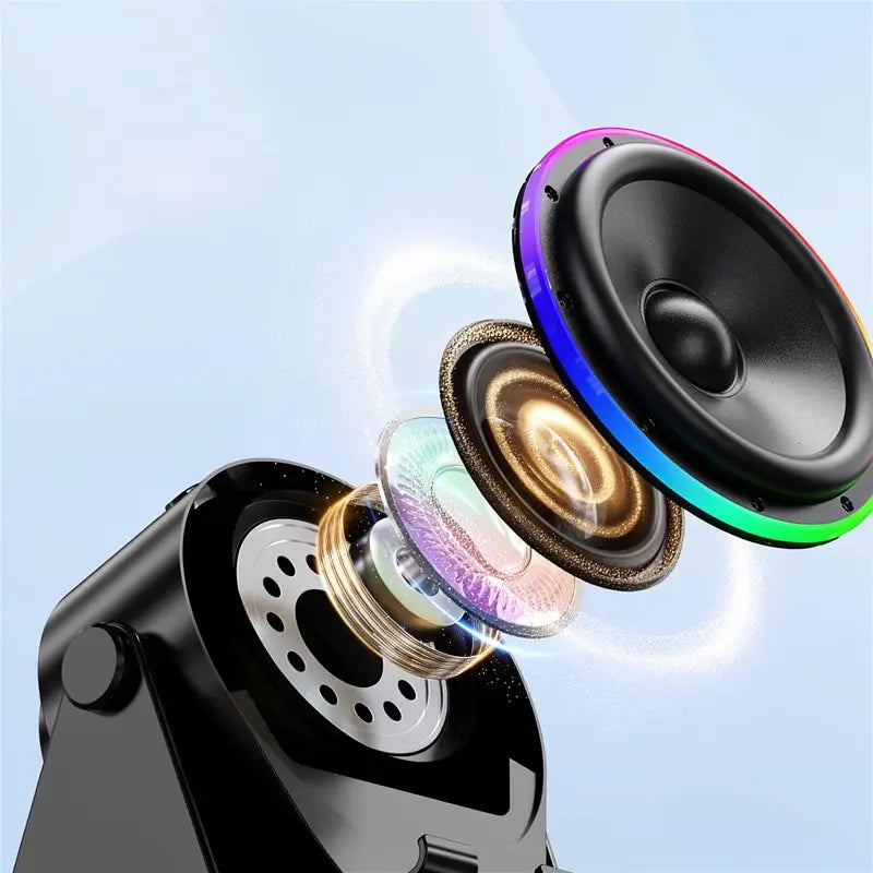 Bocina Bluetooth 5 en 1 con Audio por Inducción Inalámbrica, Soporte Giratorio de 360° con LED, Base Universal para Sonido Surround y Cargador, Soporte Portátil de Escritorio para Hogar, Regadera, Exterior y Viajes
