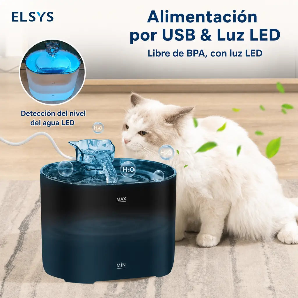 Bebedero automático para gatos y perros de 2.2 L con filtración de 4 capas, LED azul y funcionamiento ultrasilencioso diario