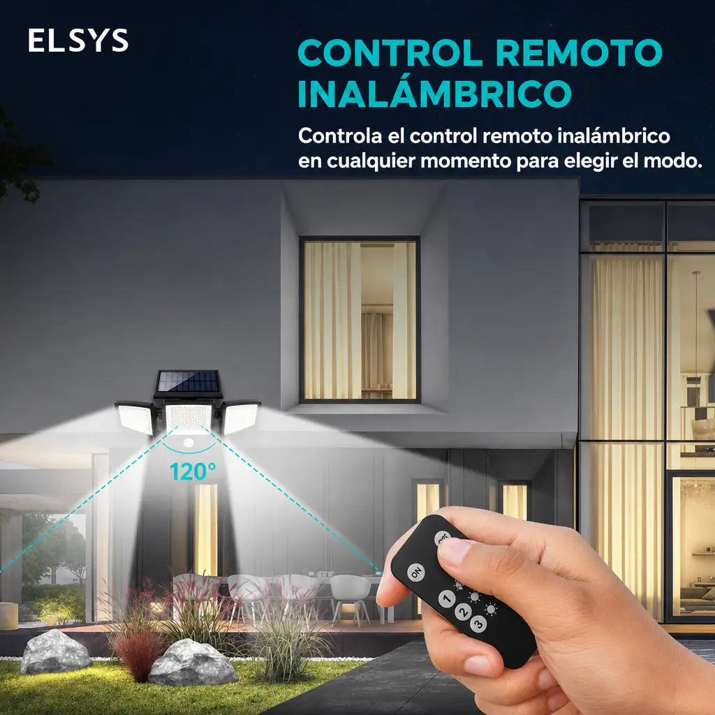 Lámpara solar exterior de seguridad 2500 lm con 3 cabezales ajustables, sensor PIR y control remoto para patios y cocheras