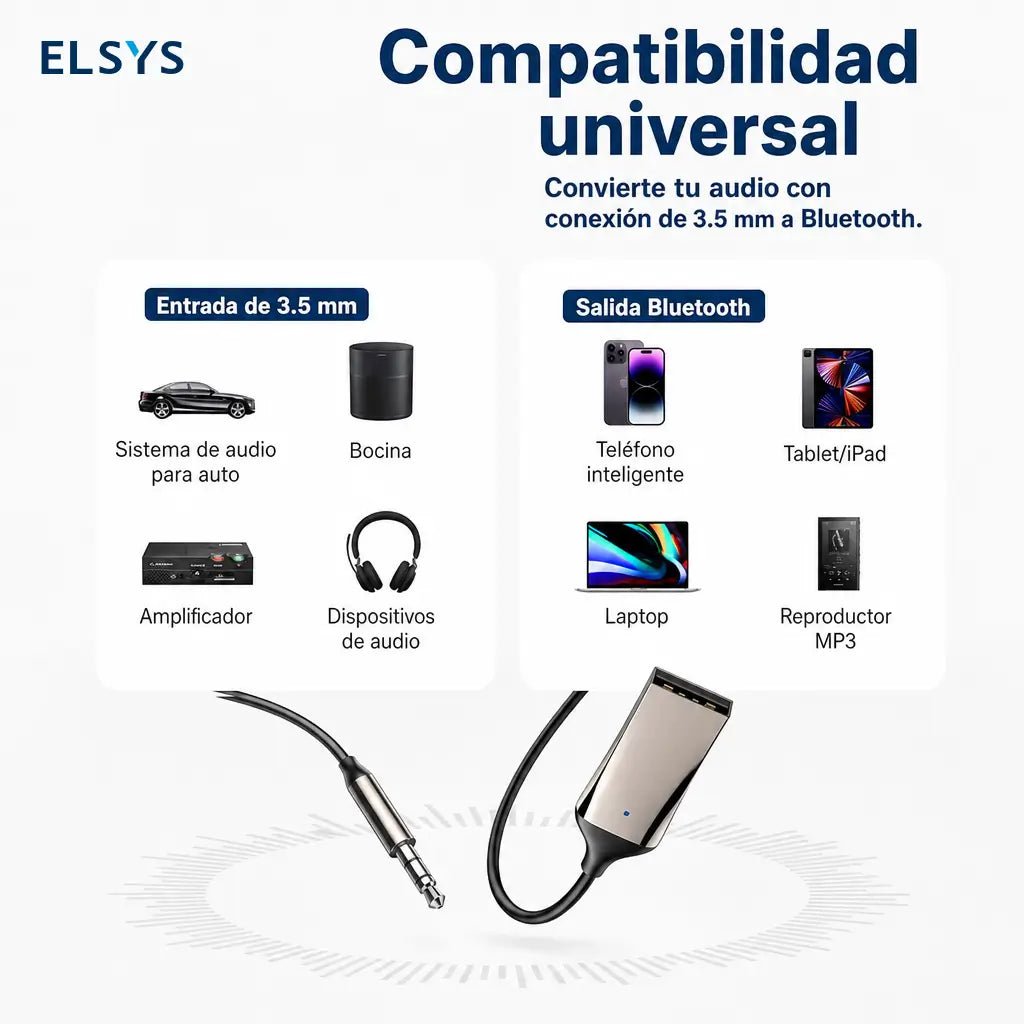 Adaptador Bluetooth AUX 3.5mm para auto con micrófono integrado, llamadas manos libres y audio estéreo estable en viajes diarios y carretera