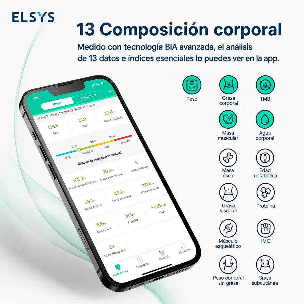 Báscula inteligente de composición corporal con Bluetooth y 13 métricas para controlar peso, grasa y progreso fitness desde tu celular