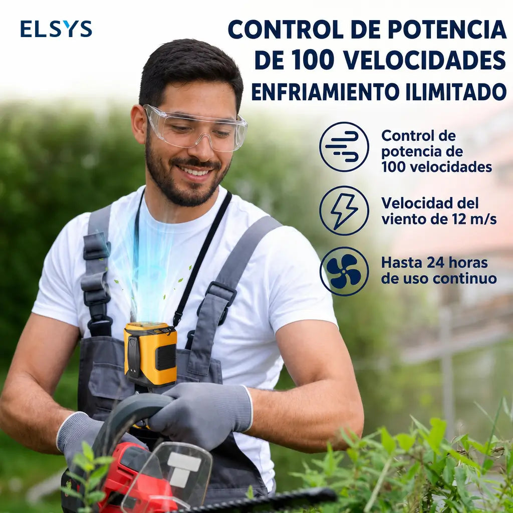 Ventilador personal manos libres con 10 velocidades, motor brushless y carga USB-C para obra, jardín, bici y camping en días calurosos