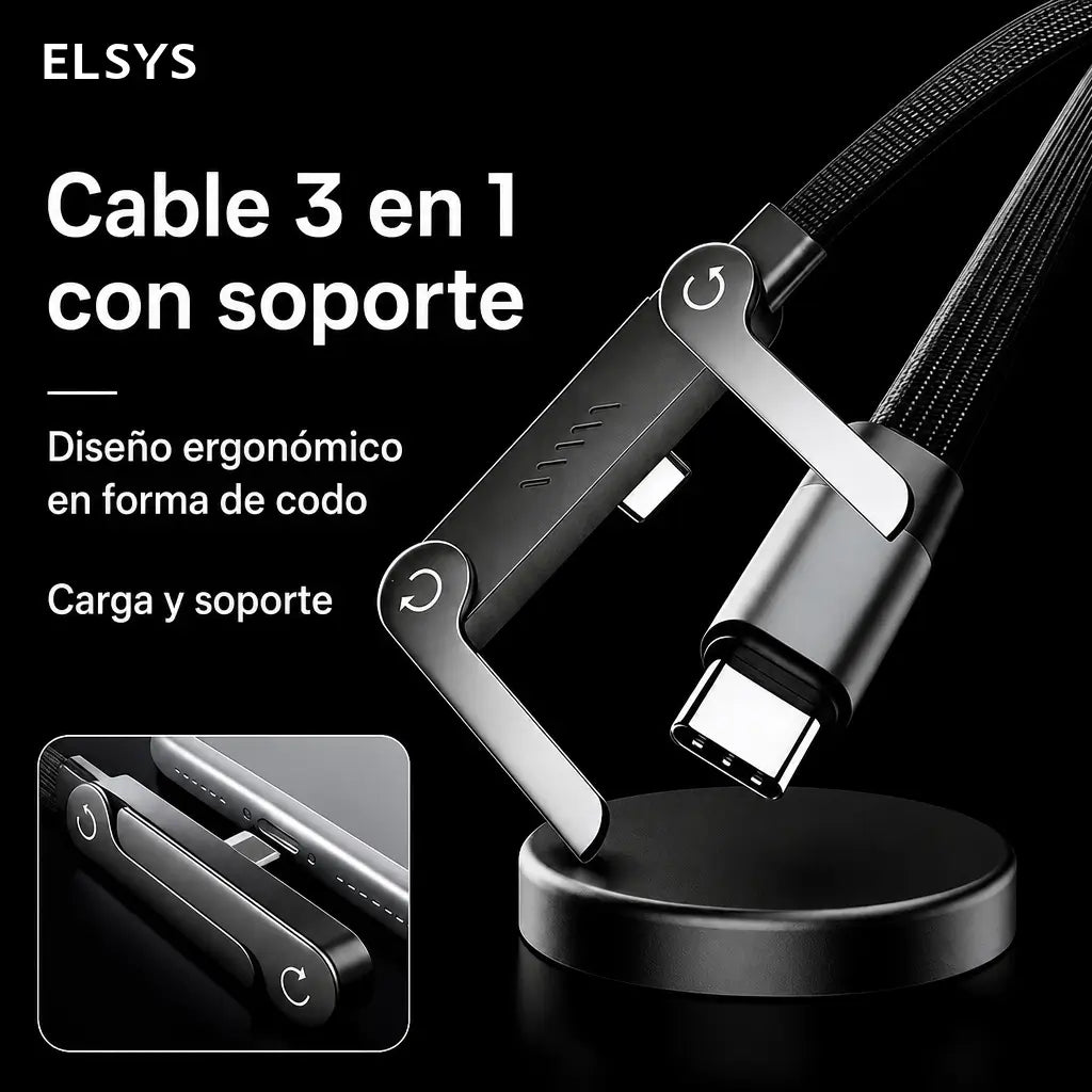 Cable cargador USB-C 240W con soporte plegable integrado para jugar, ver videos y trabajar desde tu celular en oficina, auto o viaje