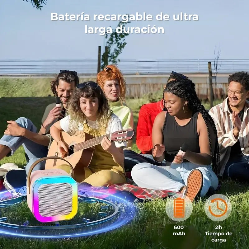 Mini Máquina de Karaoke con 2 Micrófonos Inalámbricos, Bocina Bluetooth con Luz LED Nocturna, Sistema de Karaoke Portátil para Fiestas