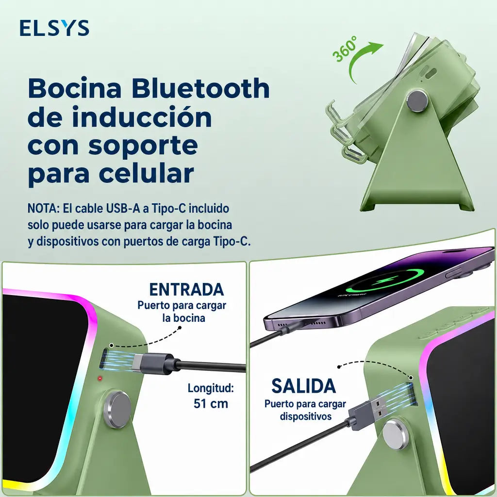 Bocina inalámbrica 5 en 1 con soporte ajustable 360°, luz RGB y power bank de 3500 mAh para celular y tablet en casa