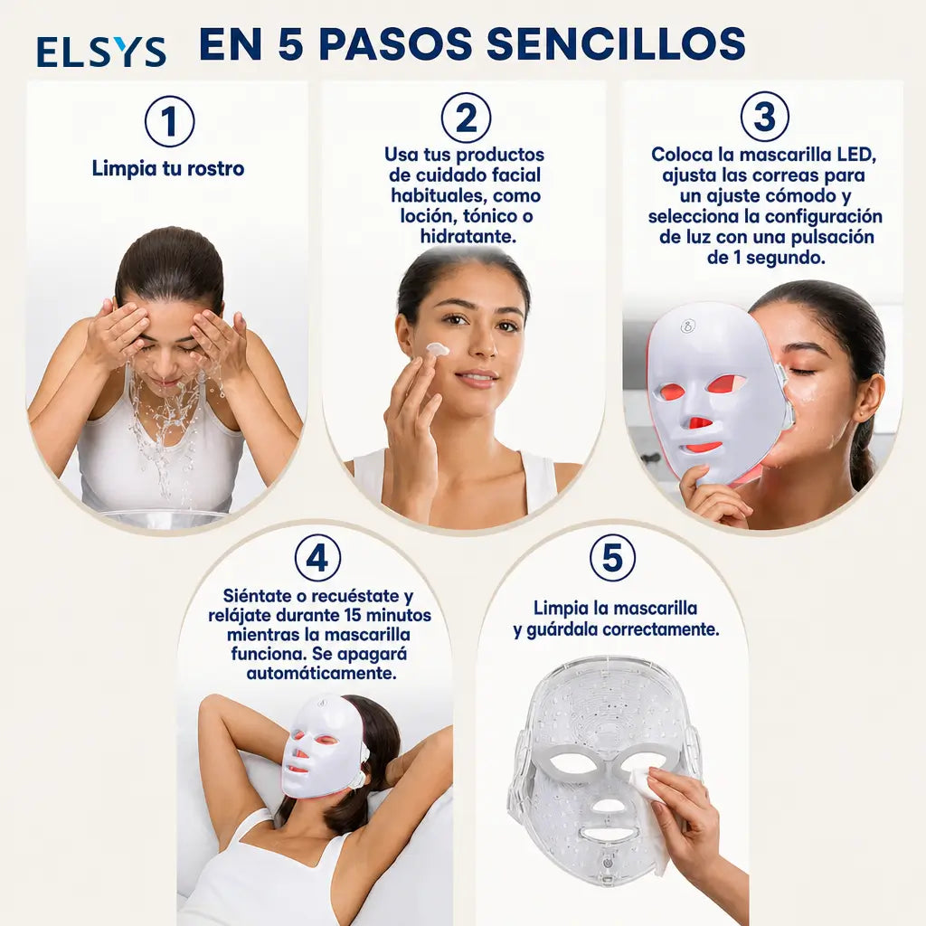 Mascarilla facial LED de fototerapia 7+1 colores con 90 luces y carga inalámbrica para rutina de skincare diaria práctica