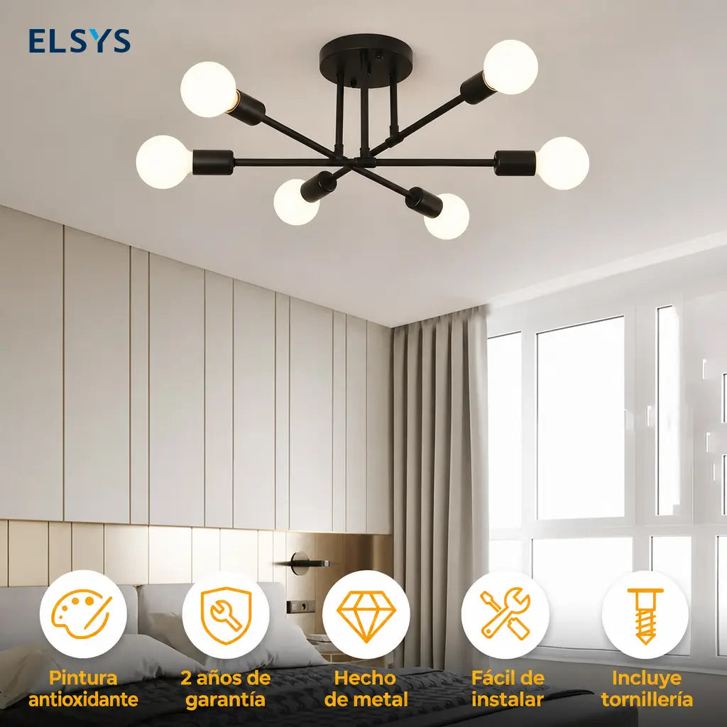 Lámpara colgante negra de 6 luces con casquillo E26/E27, diseño moderno retro para comedor, pasillo, recámara y cafetería con instalación sencilla