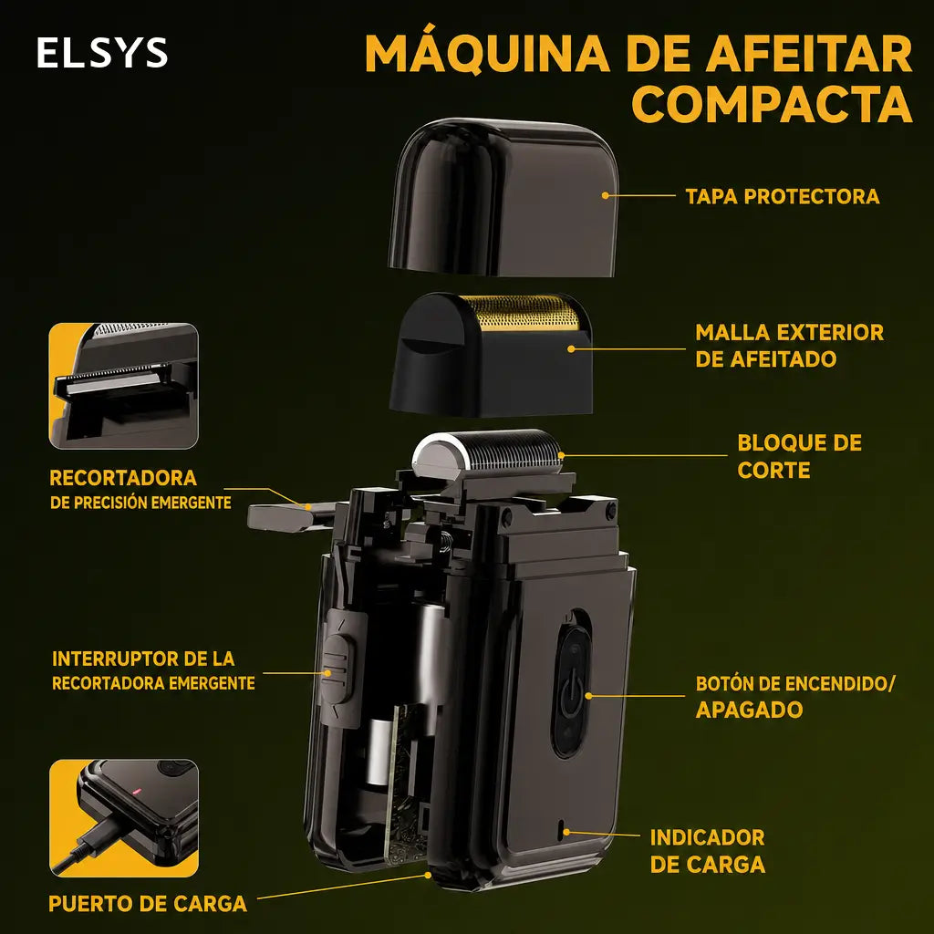 Máquina de afeitar compacta recargable con malla ultrafina 0.05 mm, recortador de patillas y estuche para llevar en bolsillo durante viajes