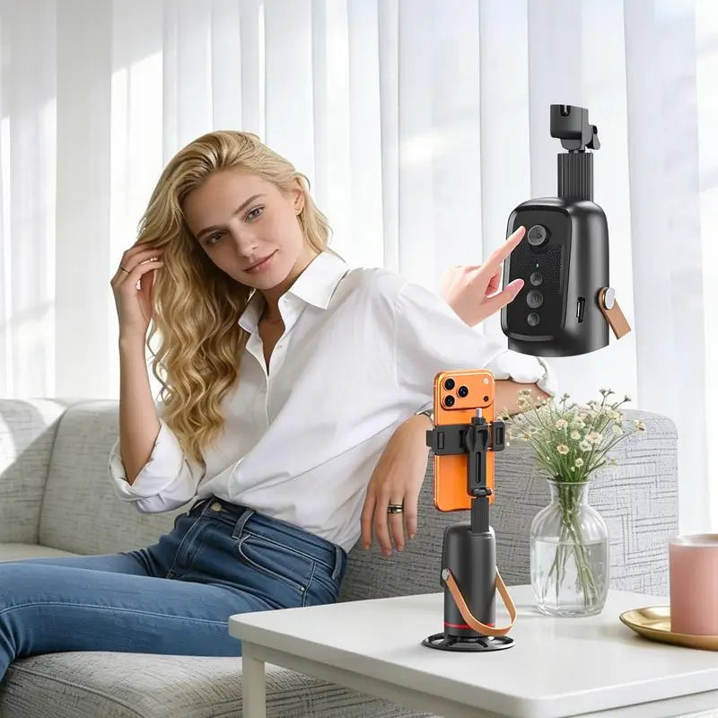 Tripie con Seguimiento Facial Automático y Control por Gestos, Soporte Giratorio 360° para Celular, Cámara Inteligente para Vlogs, Streaming y Video en Vivo, Kit de Vlogging para Smartphone