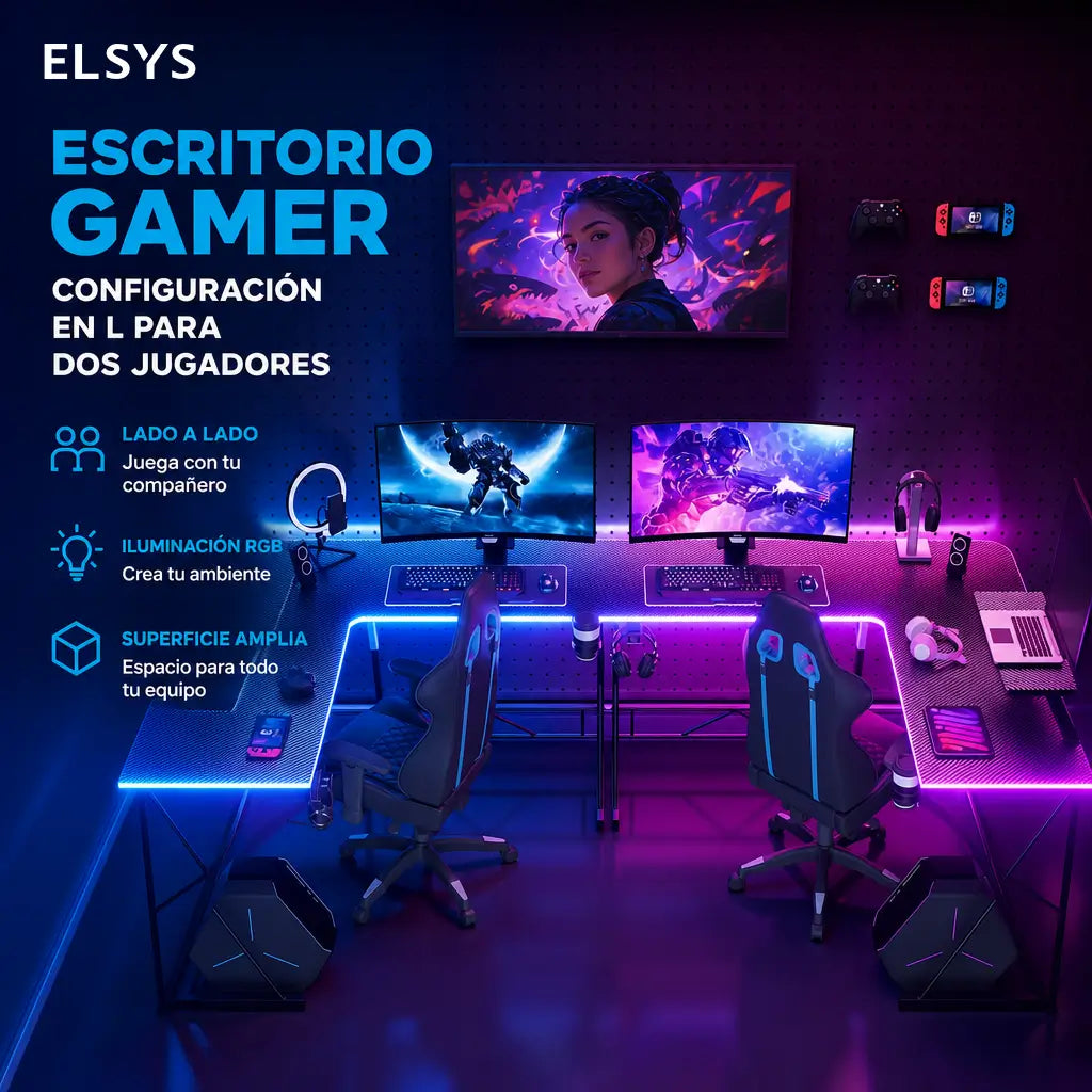 Escritorio gamer en L de 129 cm con soporte para monitor y luces RGB para home office y setup de juego negro estable