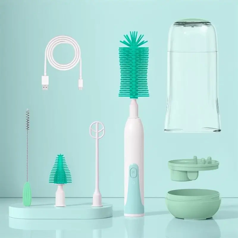 Cepillo Eléctrico para Limpiar Biberones y Mamilas, Kit de Limpieza 360° de Silicón con Cepillo para Tetinas y Popotes, Impermeable, Set de 6 Piezas para Recién Nacidos