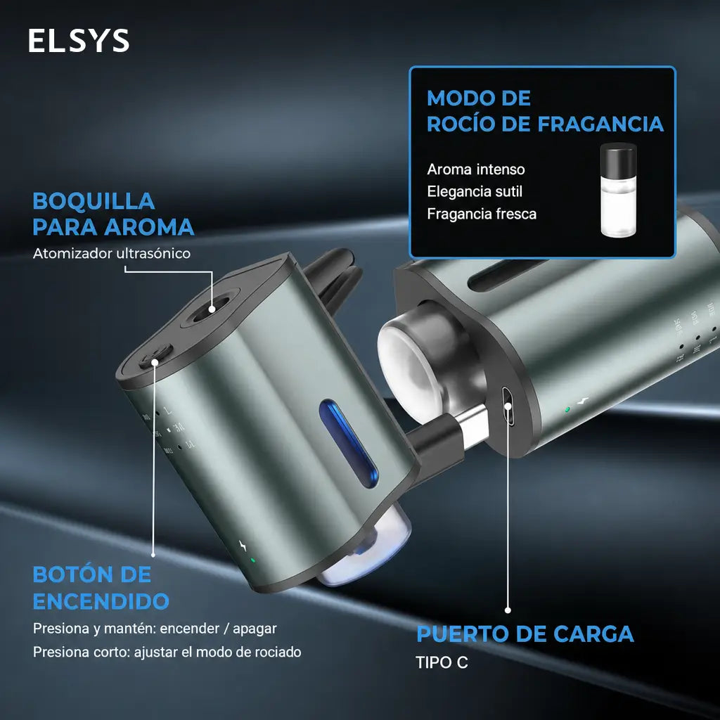 Difusor aromático inteligente para auto con 3 niveles de fragancia, batería 45 días y clip para ventilación