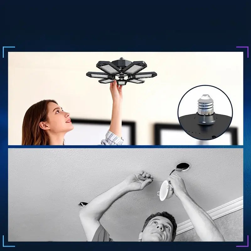 Luz de Garaje Plegable Lámpara de Techo Deformable Brillante para Taller Almacén y Bodega Foco de Trabajo 7+1 Paneles de Fácil Instalación