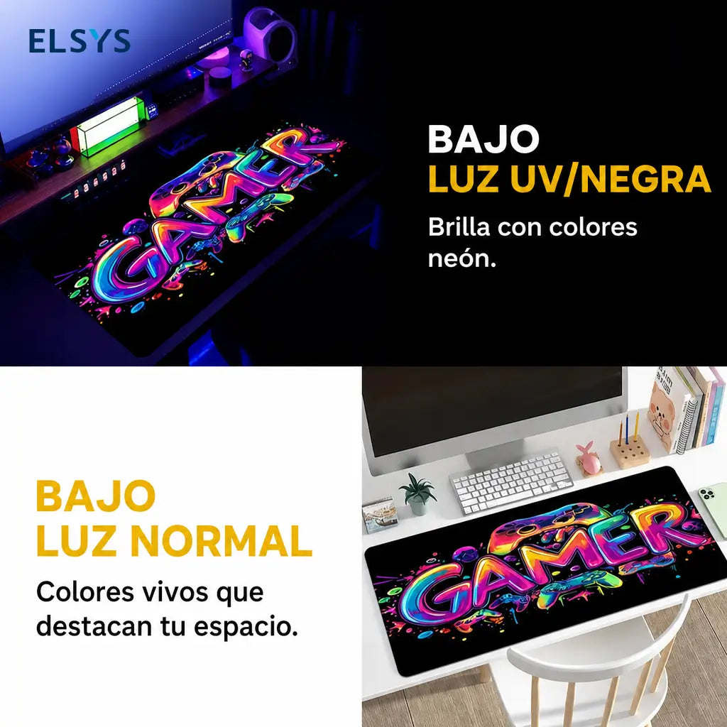 Mousepad gamer de goma antiderrapante con gráficos UV reactivos, formato grande para teclado, mouse y escritorio de juego en casa u oficina
