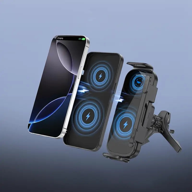 Soporte para Celular de Auto con Carga Rápida Inalámbrica de 15W para Teléfonos Plegables y Estándar, Base de Ventila Ultra Estable con Gancho y Clip, Rotación de 90° y Sujeción Automática con un Botón