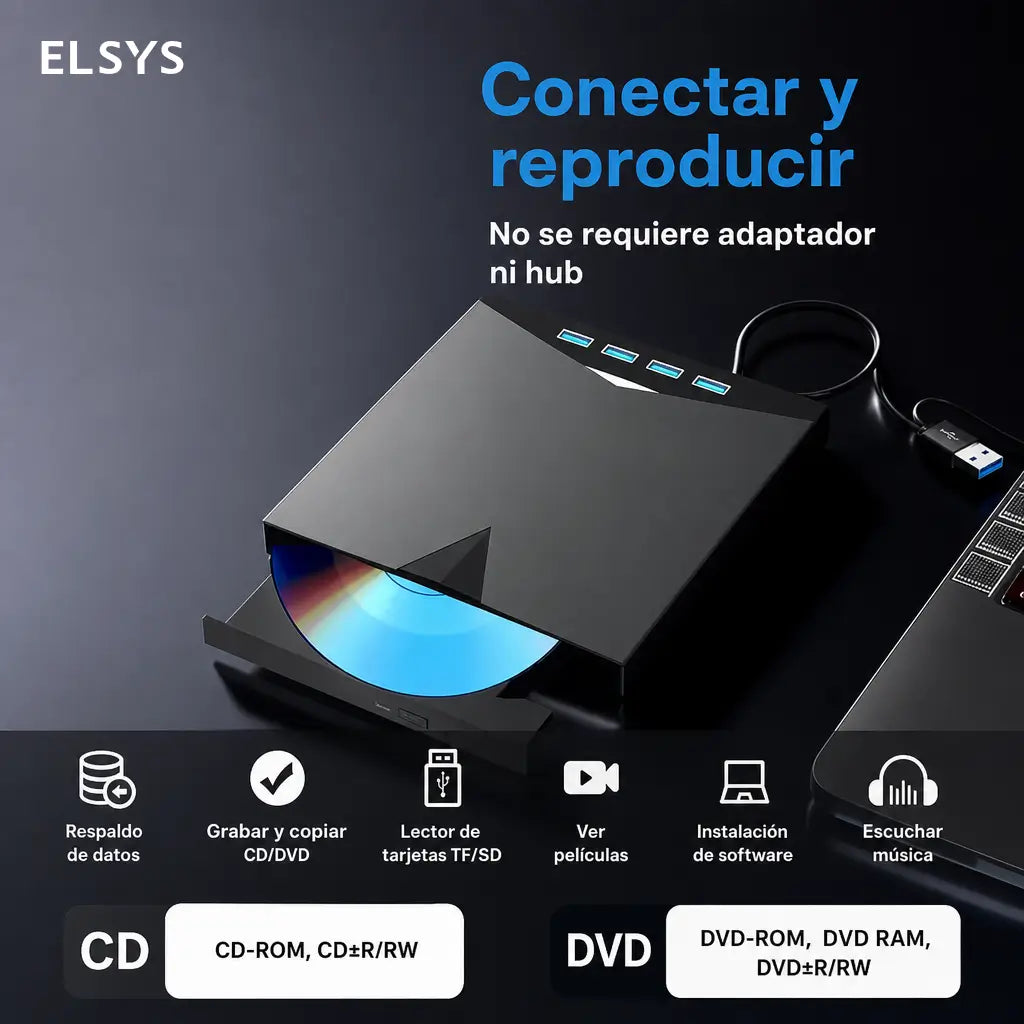 Unidad de DVD externa 7 en 1 con USB 3.0 y USB-C para laptop, PC y respaldo de discos en casa u oficina