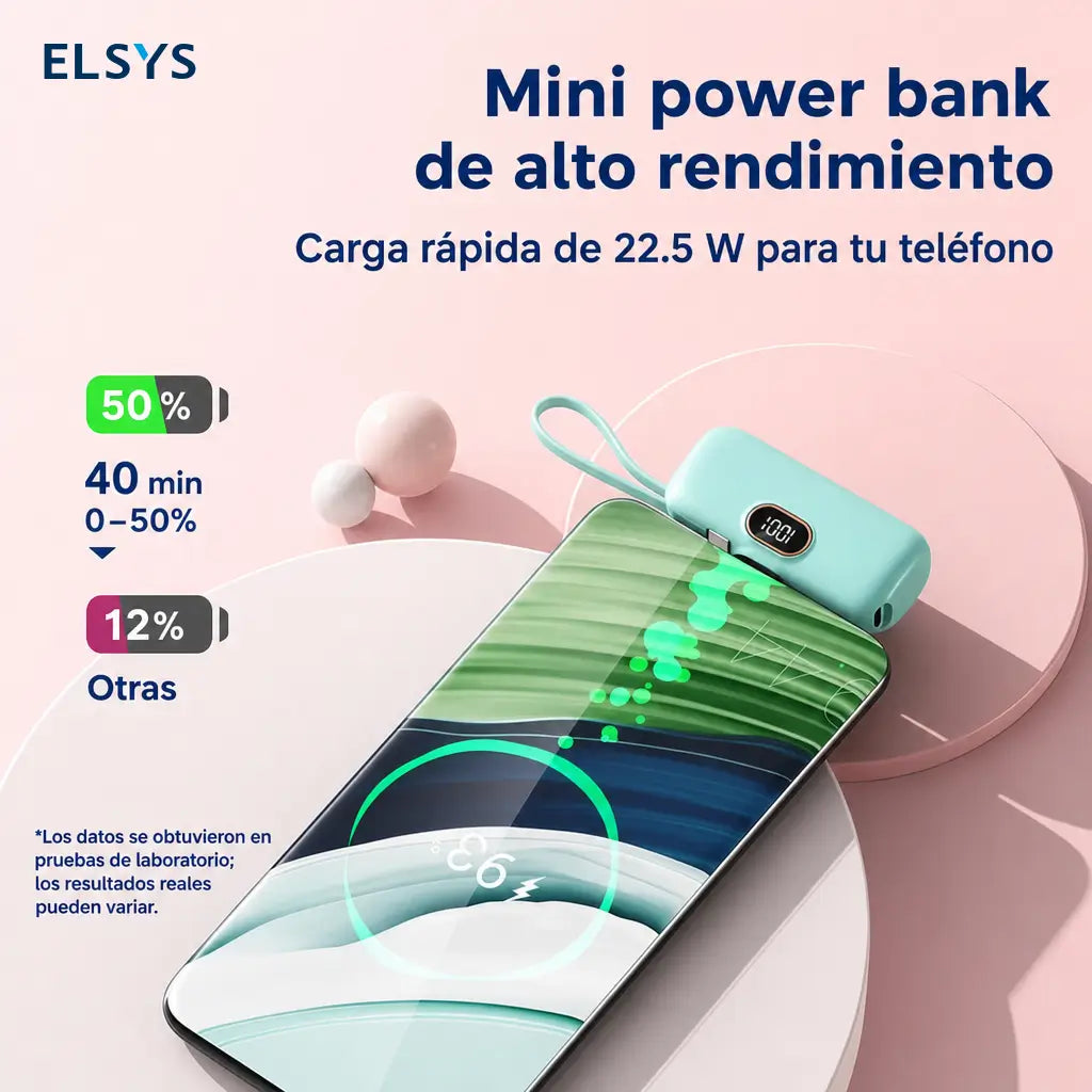 Batería portátil mini 5000mAh con carga 22.5W, USB-C y USB-A, compacta y ligera para celular en viajes, oficina y uso diario