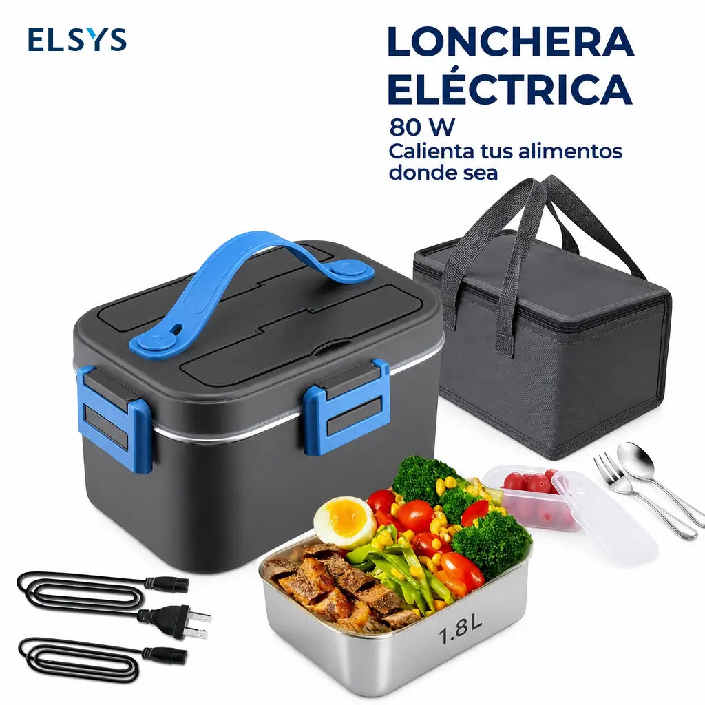 Lonchera eléctrica portátil 1.8L con calentamiento 80W y conectores 12V/24V/110V para comer caliente sin microondas diario