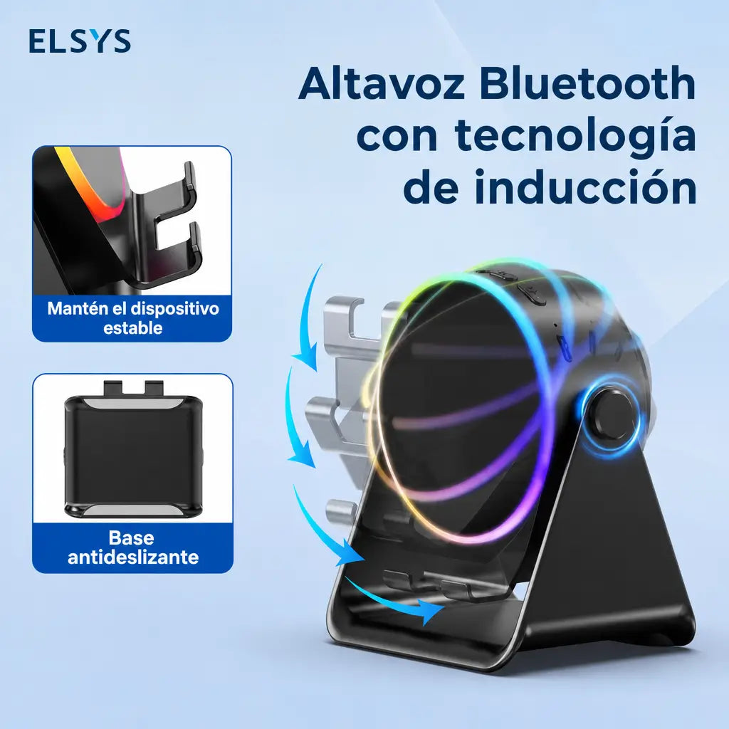 Bocina Bluetooth 5.3 con soporte para celular, giro 360°, luz RGB y audio por inducción para casa, oficina, viajes y tablet