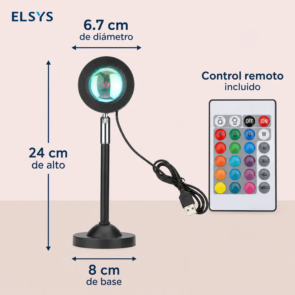 Lámpara proyectora de atardecer RGB con 16 colores, control remoto y ángulo 180° para ambiente en recámara, gaming y fotos
