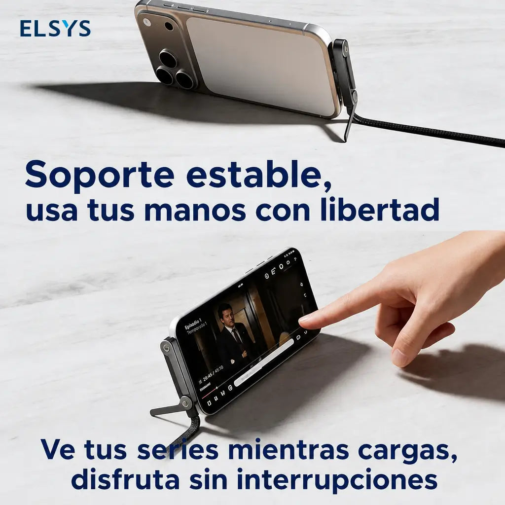 Cable cargador USB-C 240W con soporte plegable integrado para jugar, ver videos y trabajar desde tu celular en oficina, auto o viaje