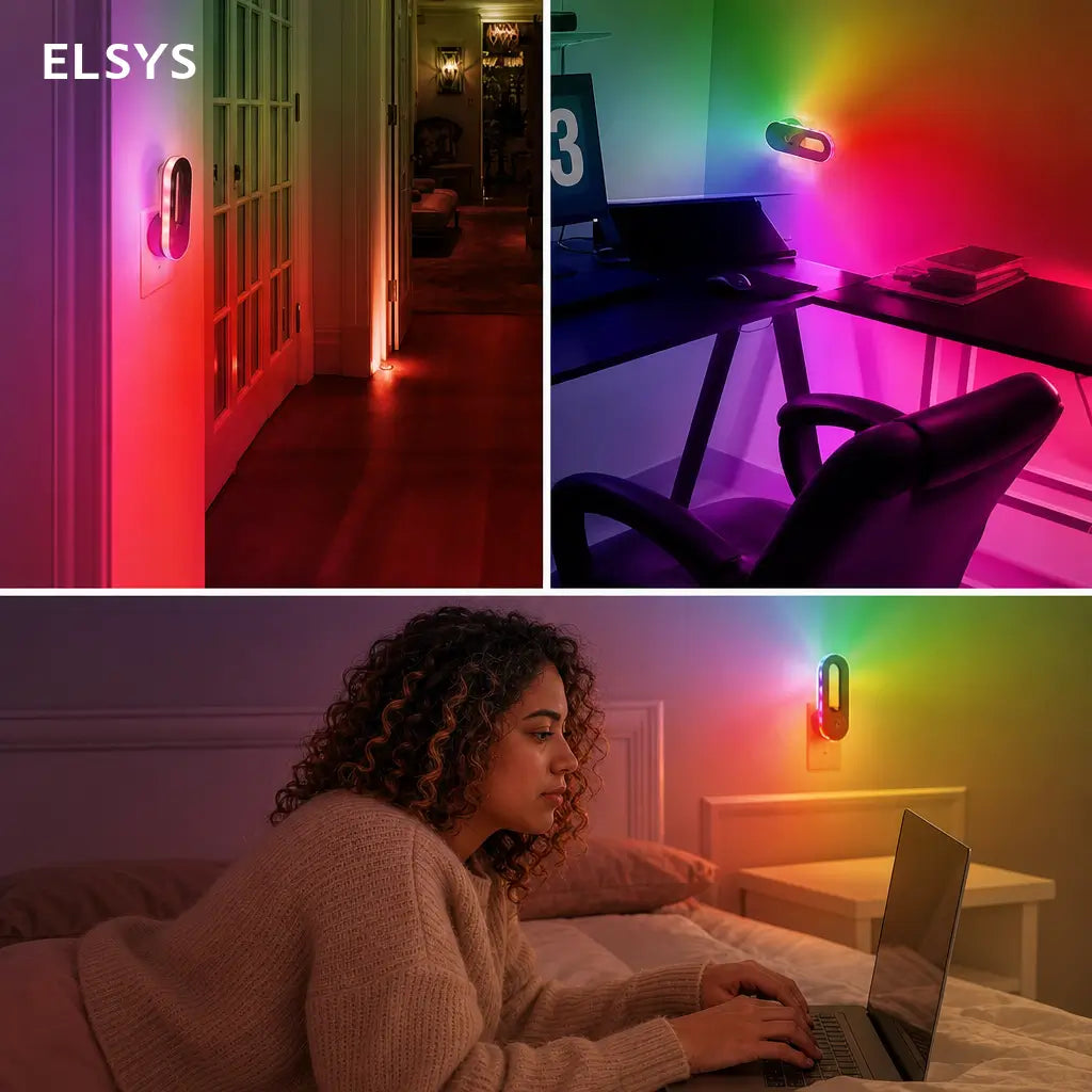 Lámpara nocturna LED RGB enchufable con sensor automático, dos modos de luz y giro 180° para recámara, sala gamer o buró