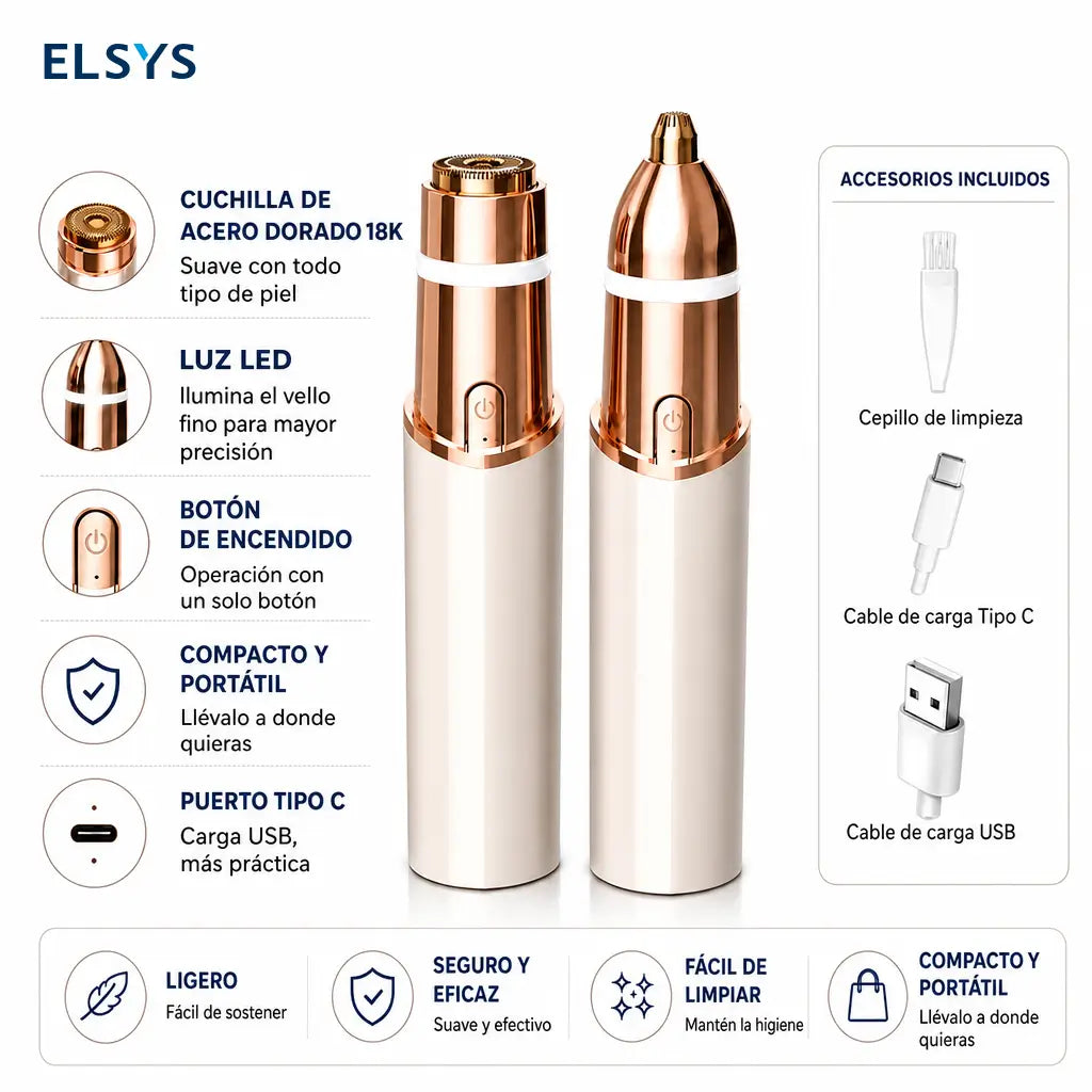 Perfiladora de cejas y depiladora facial recargable USB-C con LED para retoques precisos en rostro y vello fino