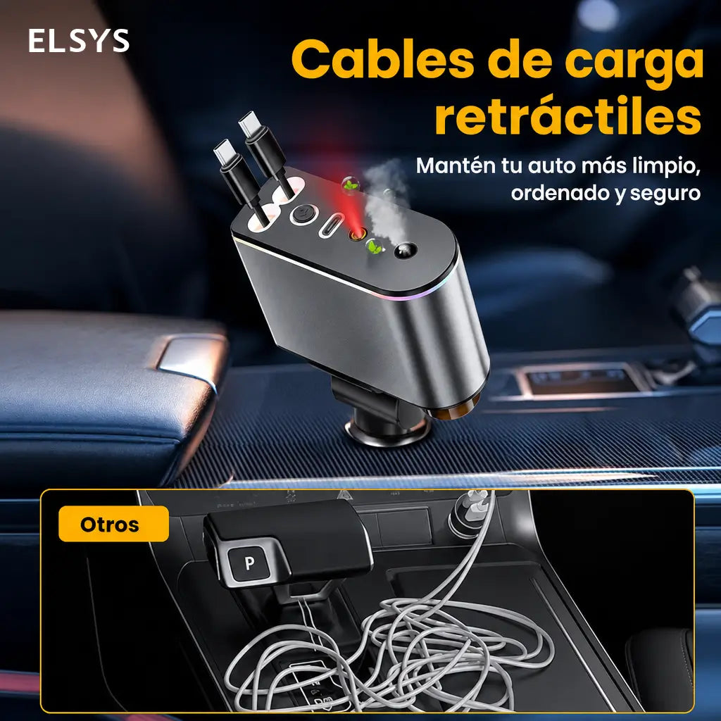 Cargador retráctil para auto 66W con USB-C y Lightning, difusor aromático y luz estrellada para cargar tu celular sin enredos diarios