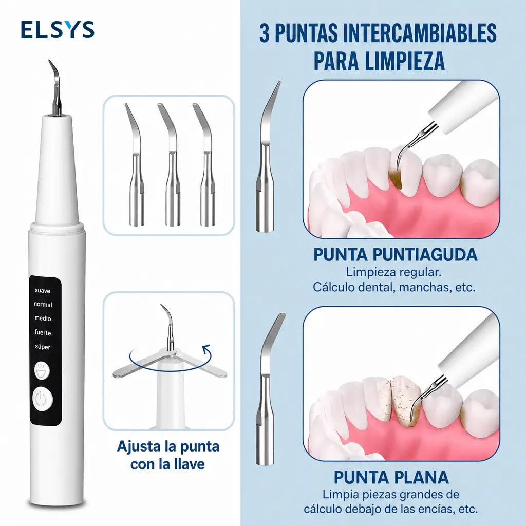 Raspador dental ultrasónico con vibración magnética, luz LED y cabezales reemplazables para higiene bucal diaria contra placa y sarro adultos