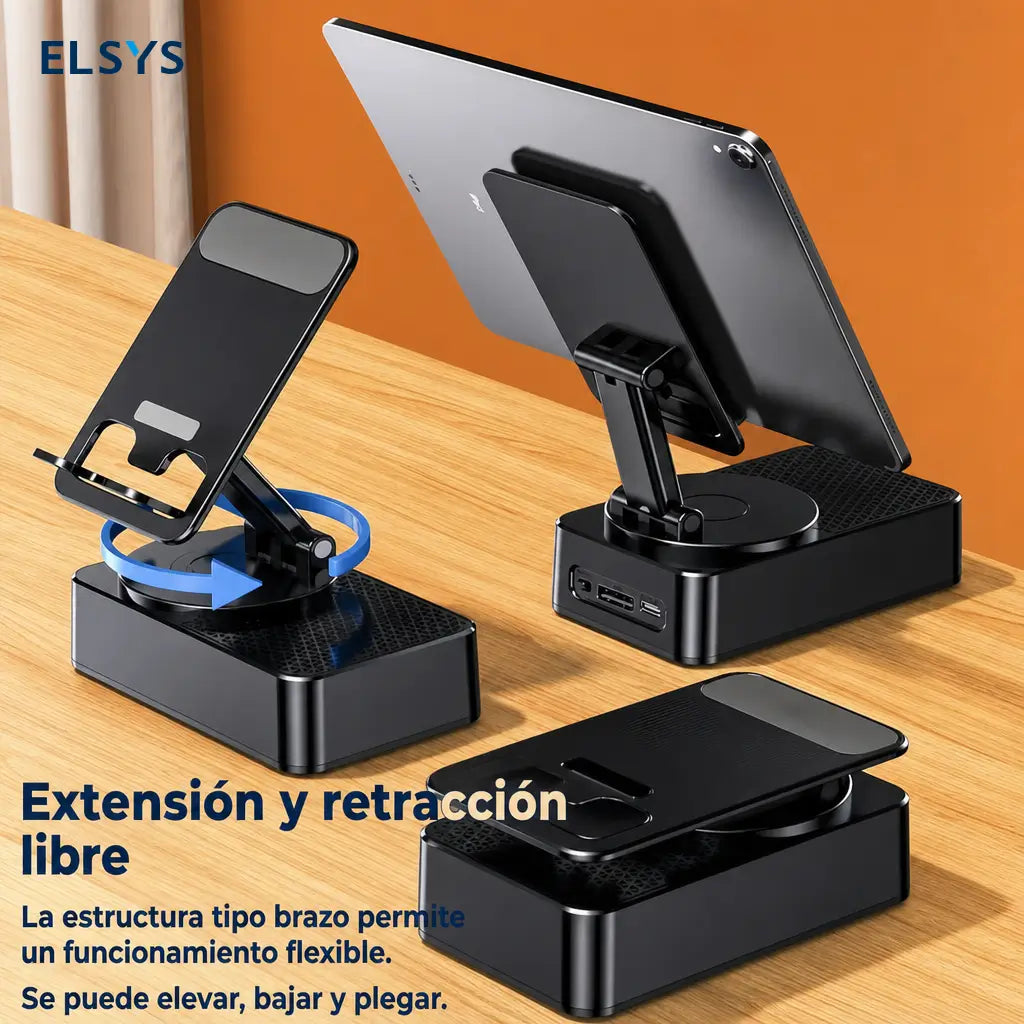 Bocina Bluetooth portátil con base plegable, carga de emergencia y soporte 360° para ver series, escuchar música y hacer videollamadas