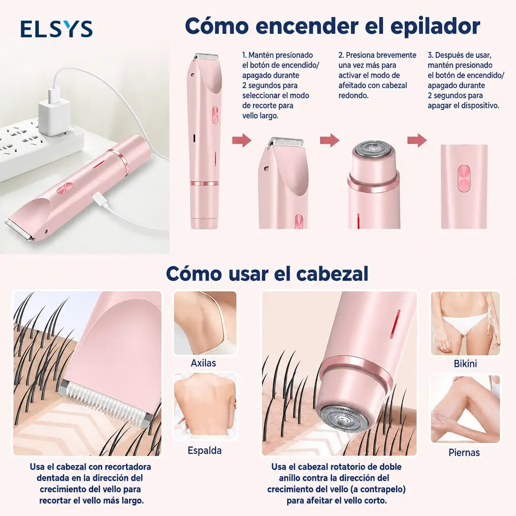 Rasuradora eléctrica 2 en 1 para bikini, rostro, axilas y piernas, recargable IPX7 para piel sensible en seco o ducha femenino