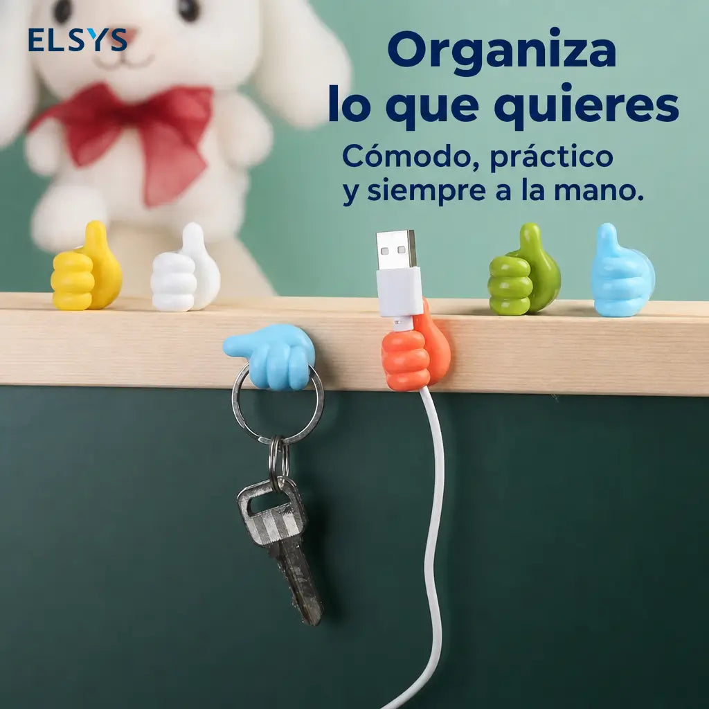 Set de 4 ganchos adhesivos de pulgar para organizar cables y decorar escritorios, recámaras y espacios del hogar sin perforar paredes fácilmente