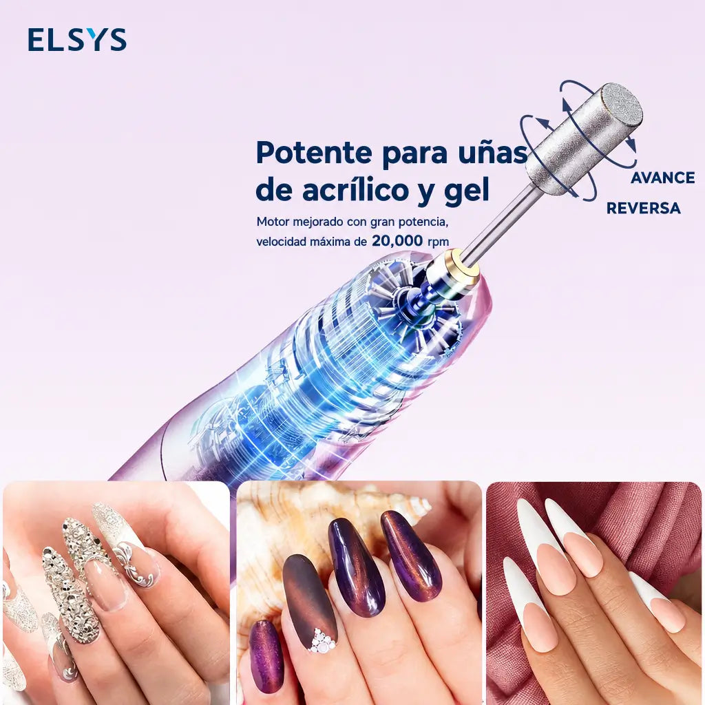 Torno eléctrico inalámbrico para uñas con velocidad ajustable y giro reversible, para manicura, pedicura y nail art en gel o polvo
