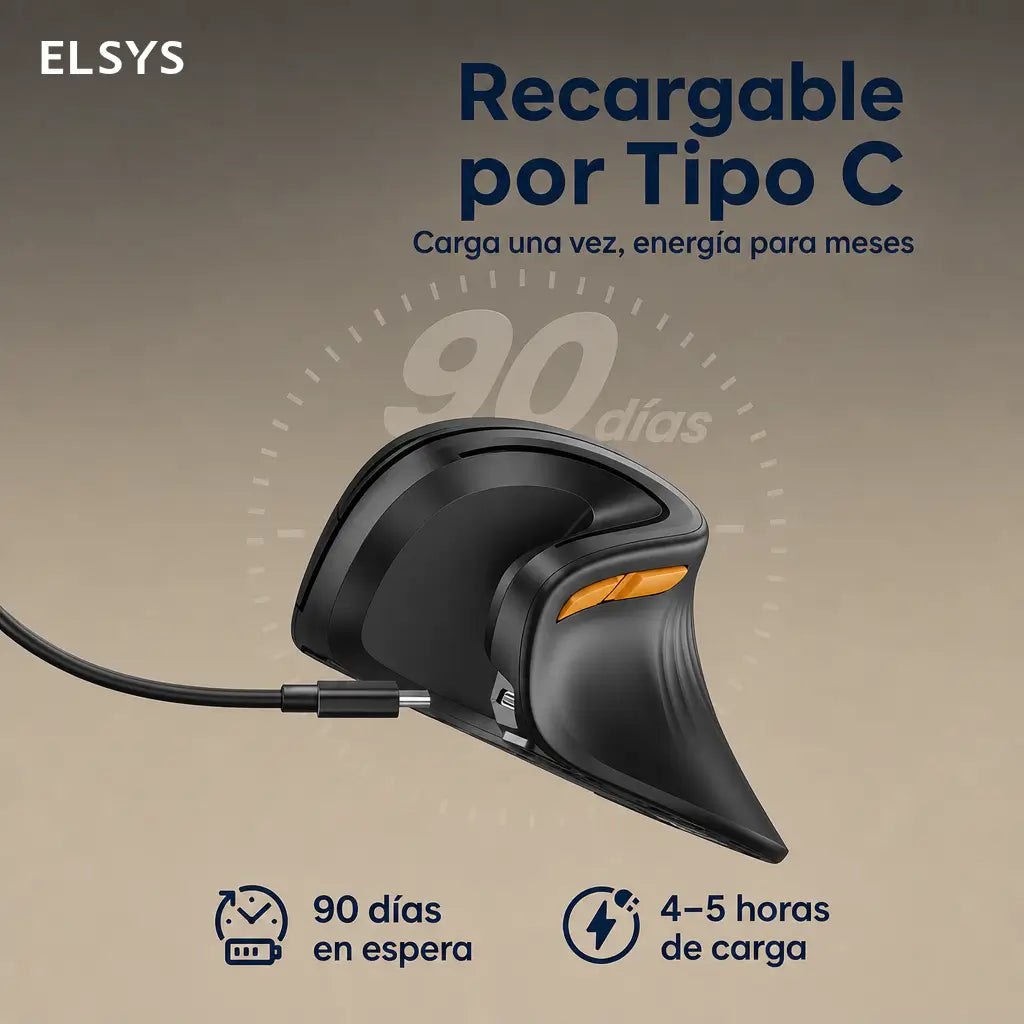 Mouse vertical ergonómico recargable USB-C con Bluetooth, 2.4G, DPI ajustable y clic silencioso para trabajar cómodo en hasta 3 dispositivos diario