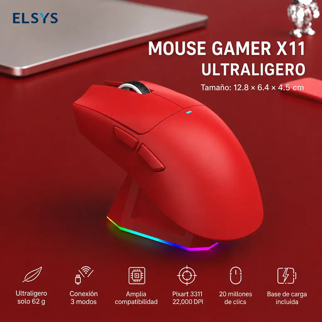 Mouse gamer inalámbrico X11 con base de carga, luz RGB y sensor óptico para juego competitivo y trabajo productivo en casa u oficina