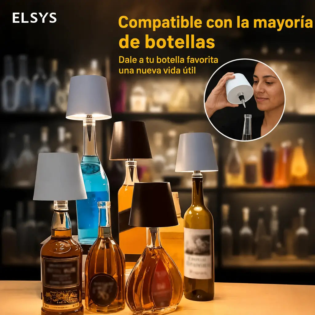 Lámpara LED inalámbrica para botella con control táctil, luz RGB regulable y carga USB-C para bar, recámara o camping