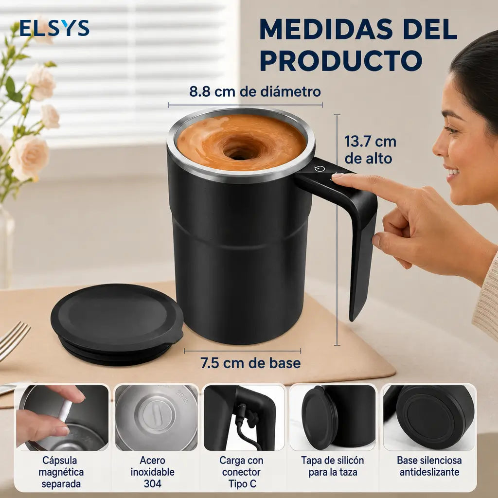 Taza mezcladora automática recargable de acero 304 con termómetro LCD para café, leche y bebidas en oficina o viaje sin cuchara