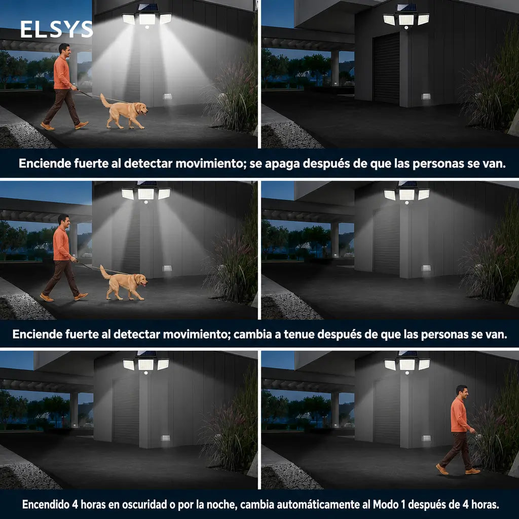 Lámpara solar exterior de seguridad 2500 lm con 3 cabezales ajustables, sensor PIR y control remoto para patios y cocheras