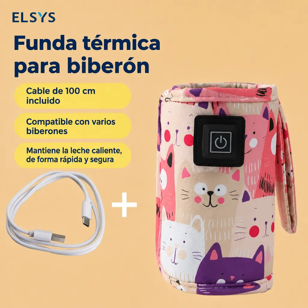 Calentador portátil USB para biberón con 3 temperaturas y funda térmica con gatitos para casa, viajes y salidas con bebé diarias