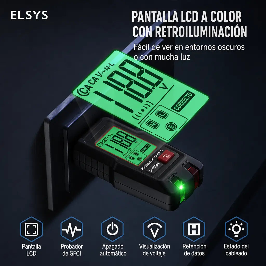 Probador de contactos GFCI con pantalla LCD, detector de fallas de cableado para tomas 110V/120V en casa y mantenimiento eléctrico seguro