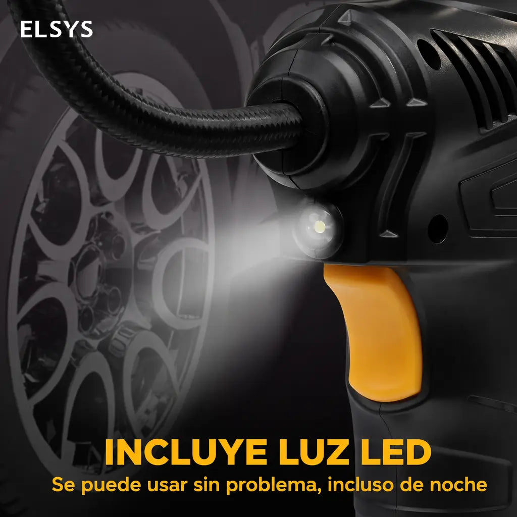 Inflador eléctrico portátil para llantas 150 PSI con luz LED, manómetro digital y boquillas para auto, bicicleta, balones deportivos y SUV