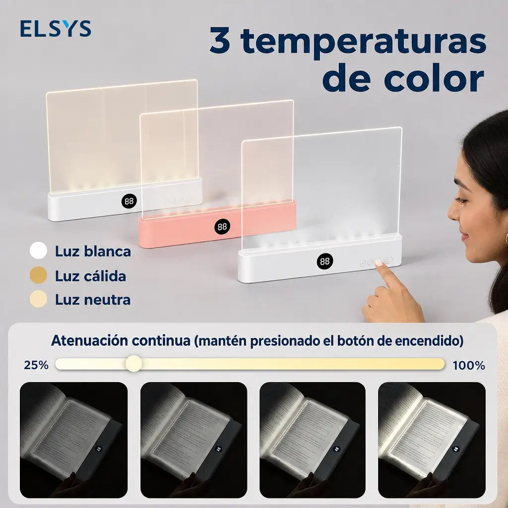 Lámpara plana LED recargable para lectura con 3 tonos, brillo ajustable y temporizador para leer en cama sin molestar a nadie