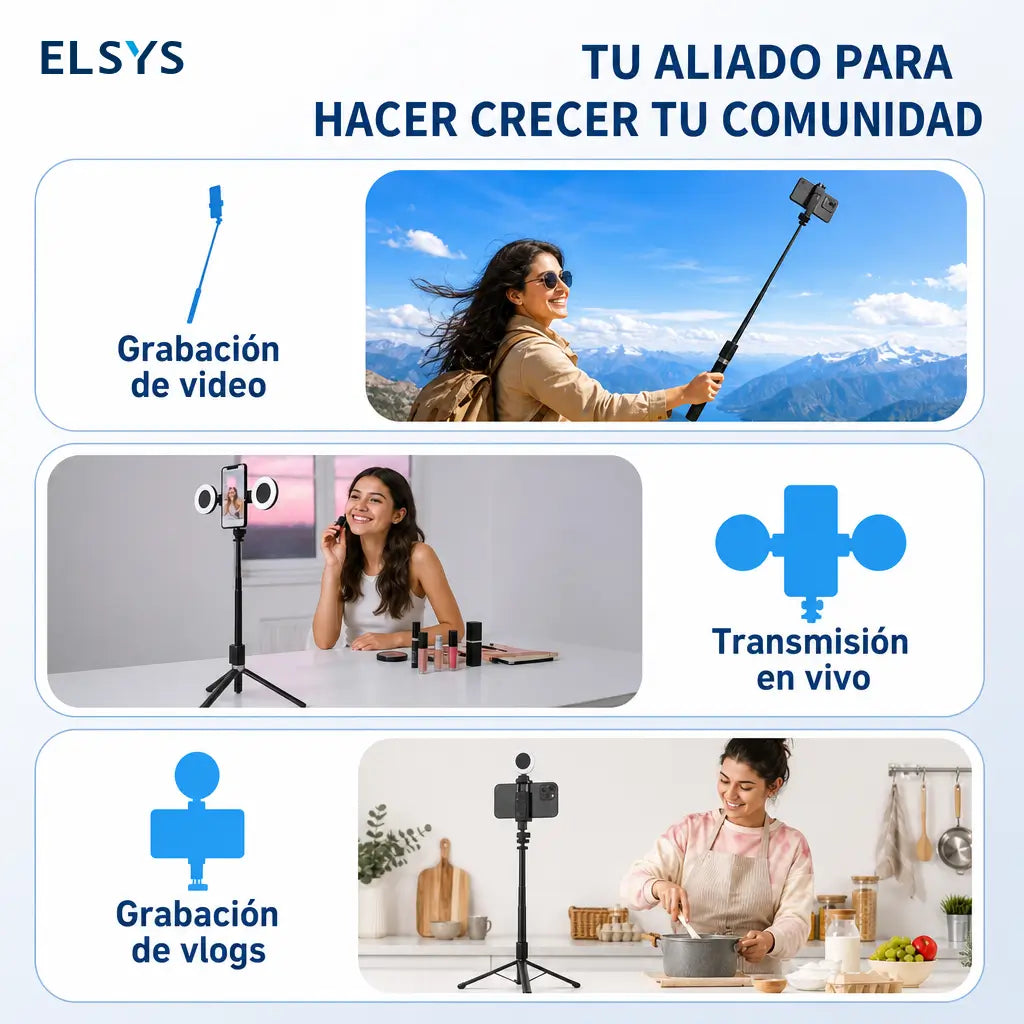 Tripié selfie 6 en 1 con luz LED ajustable y control Bluetooth para crear videos, lives y fotos estables con celular