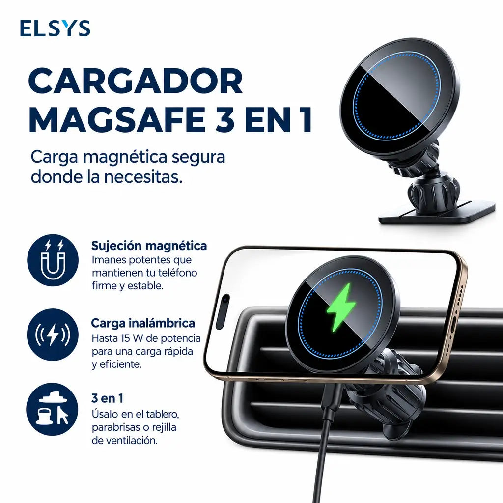 Cargador inalámbrico magnético 15W para auto con soporte ajustable 360° y montaje 3 en 1, ideal para iPhone en viajes diarios