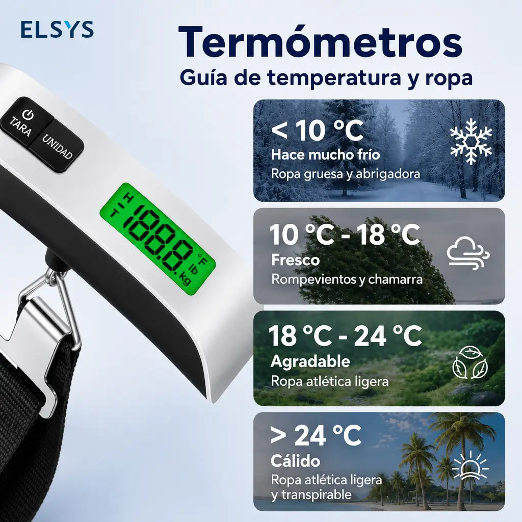 Báscula Digital Portátil para Equipaje con Termómetro y Pantalla LCD, Correa con Gancho para Pesar Maletas en Viajes