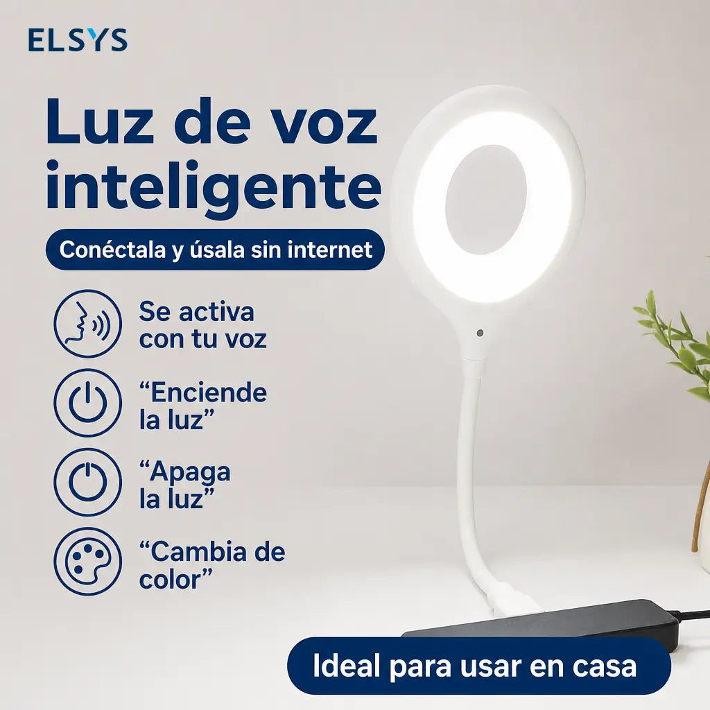 Lámpara LED USB de cuello flexible con control por voz y luz cálida regulable para lectura nocturna en cama, oficina o estudio